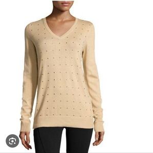 NWT Emily Daniels Tan Rhinestone Studded V-Neck Sweater Size XL